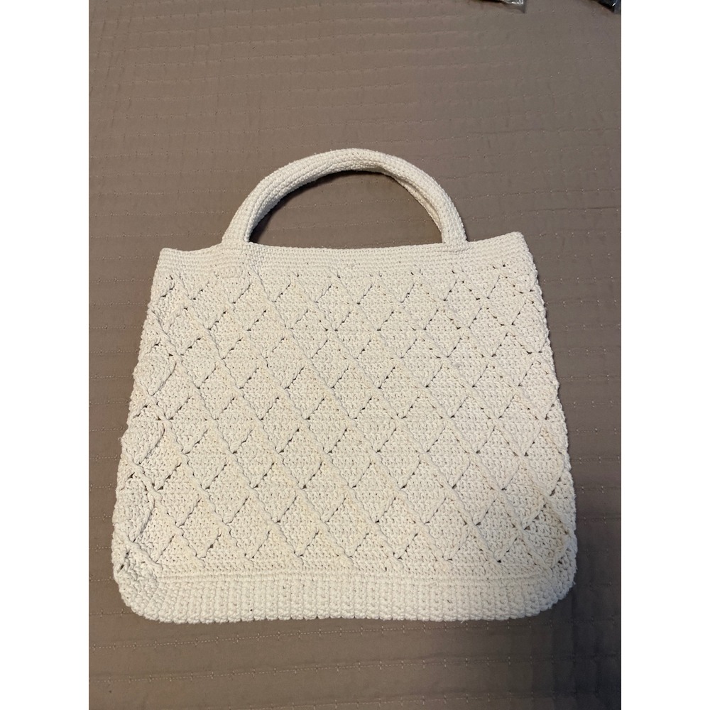 Cream Crochet Tote Bag Diamond Lattice Knit Boho Summer Beach Handbag Cream